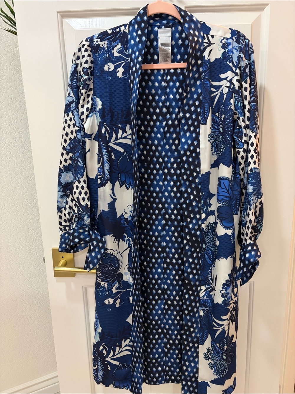 Chico's Navy and White Floral Tie-Sleeve Long Sleeve Dress - Picture 2 of 8
